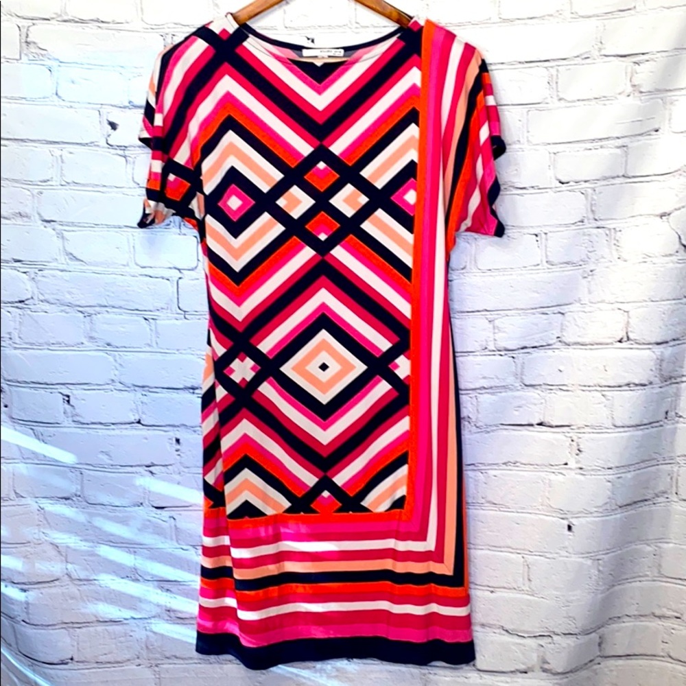 Studio One Pink White Blue Geo Print Dress Size Medium